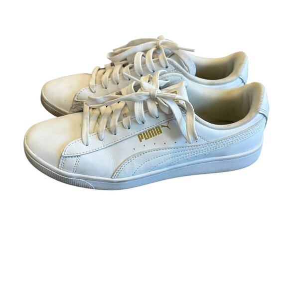 Puma Vikky Leather Sneaker White Gold Logo Lace-Up Tennis Shoes Size 8 Women's - Picture 1 of 13